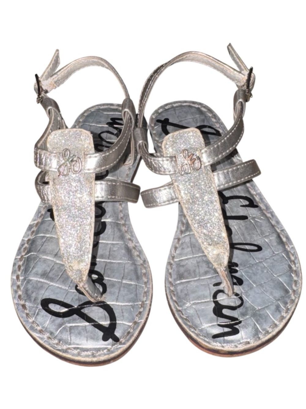 Sam Edelman Girls Silver Glitter T-Strap Sandals